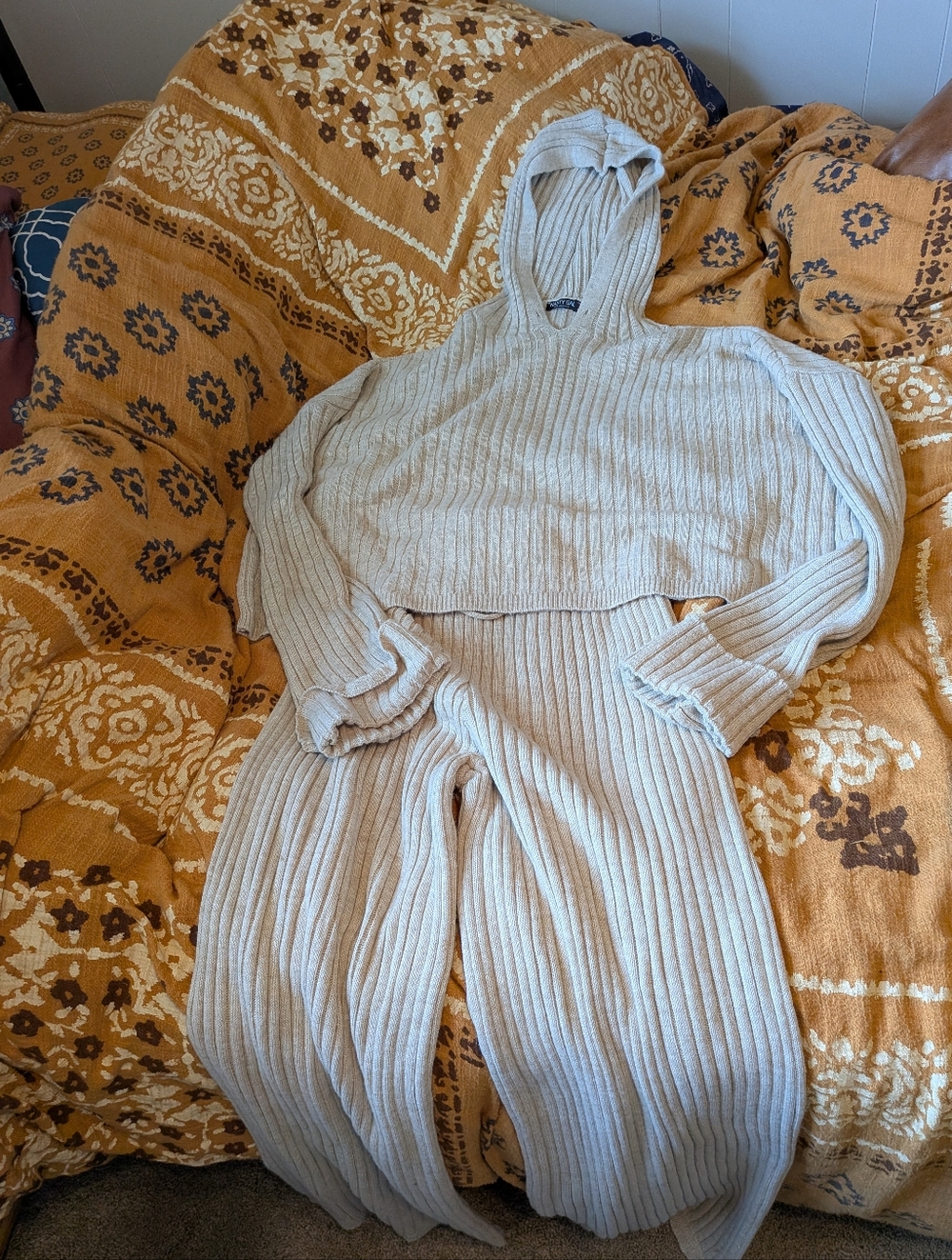 Nasty Gal Cream Ribbed Knit Hoodie & Pants Set